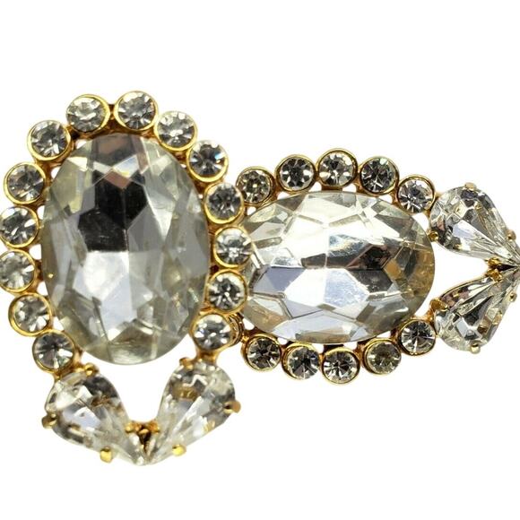 Large Rhinestone Clip On Earrings Toni Laura Gold Tone Italian Designer 1980s - Picture 3 of 7